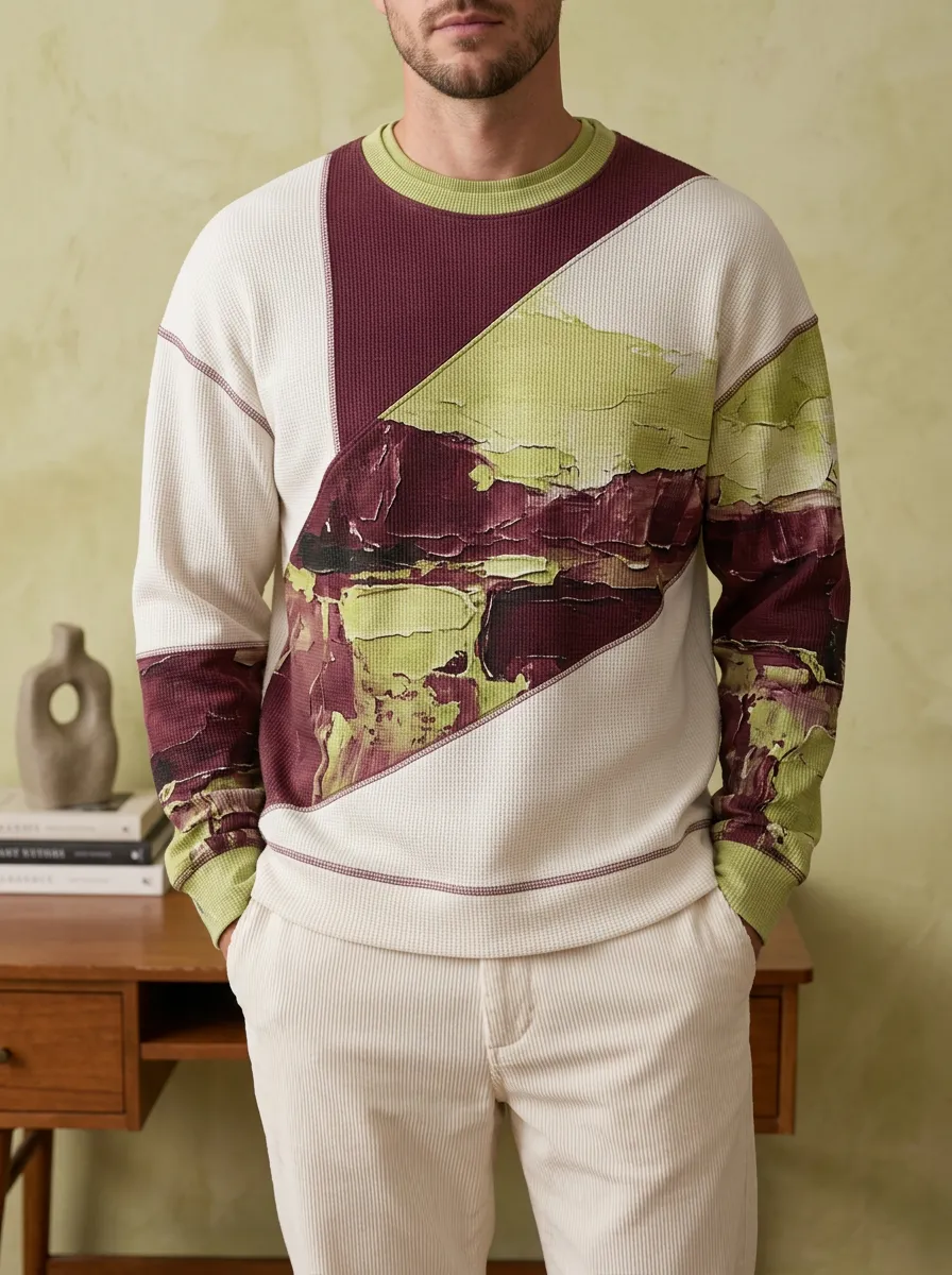 Men's Abstract Colorblock Waffle Knit Printed Sweatshirt