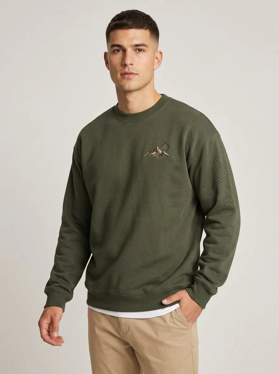 Men's Olive Green Graphic Crewneck Sweatshirt