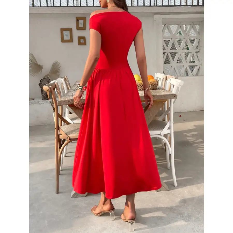 Single Shoulder Midi Dress with Pockets