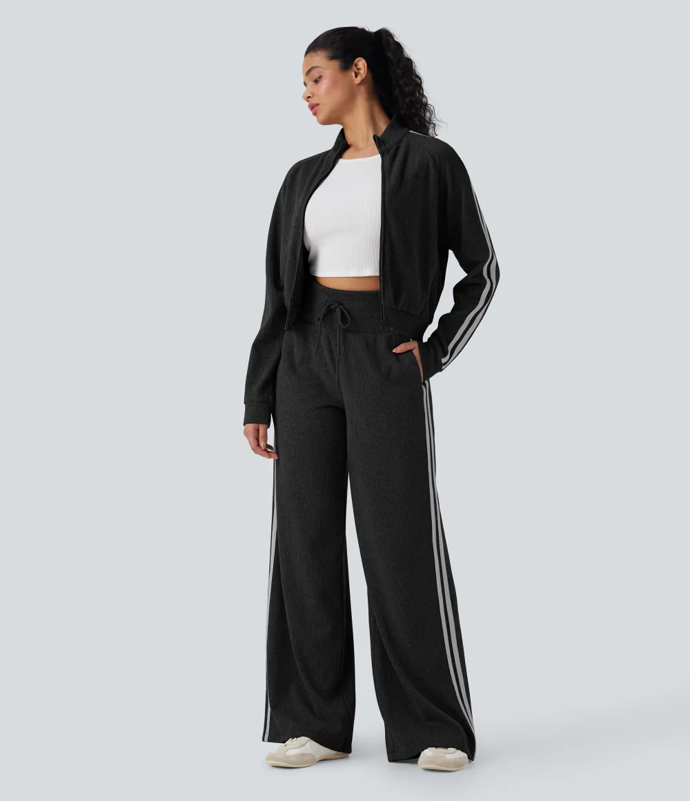 2026🔥  Ribbed SoCinched High Waisted Tummy Control Drawstring Wide Leg Color Block Casual Trousers with Pockets