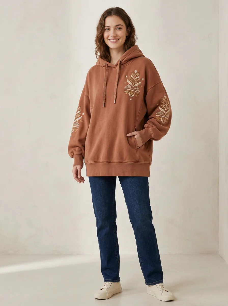 Botanical Leaf Boho Embroidered Graphic Women's Hoodie