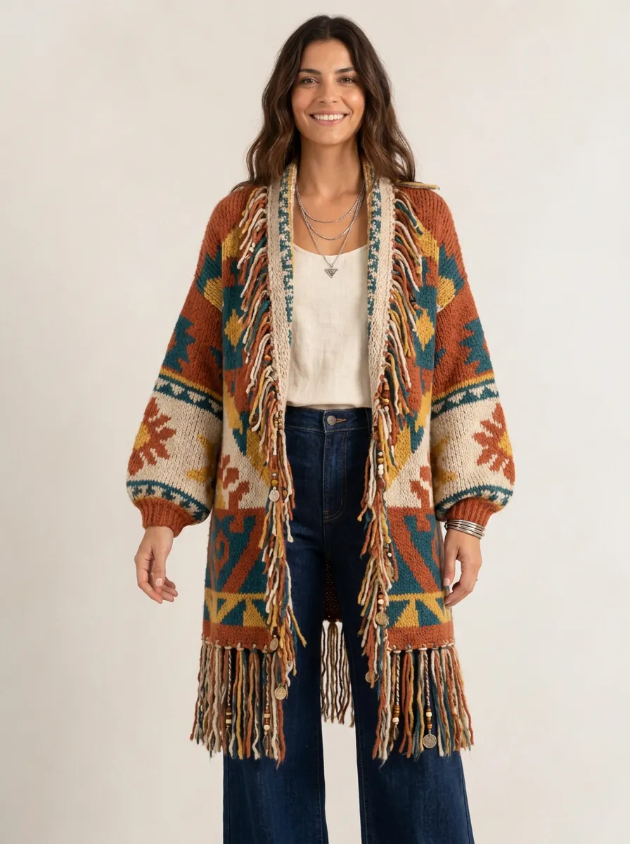 Women's Multi-Color Southwestern Pattern Fringe Cardigan Open-Front