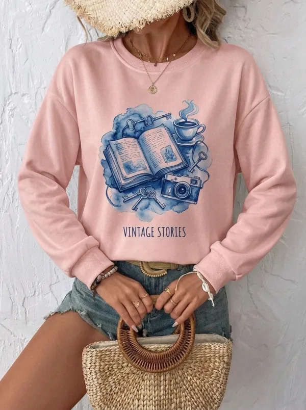 Women's Book Vintage Stories Camera Graphic Sweatshirt