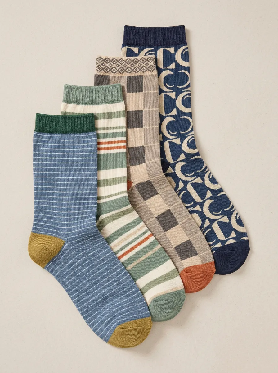 Geometric Striped Vintage-Inspired Four-Pair Crew Socks