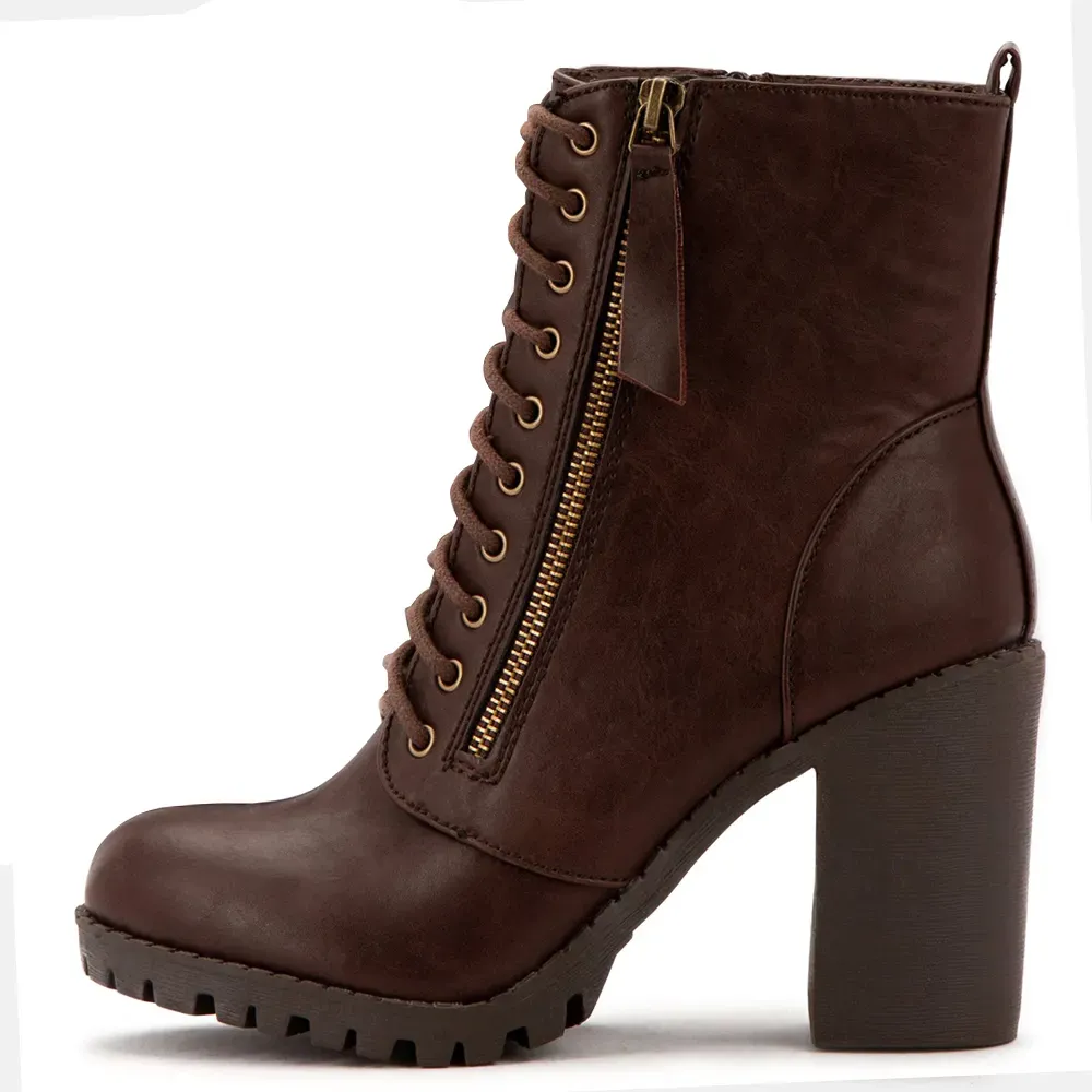Faux-Leather Lace-Up Zip-Up Round-Toe Ankle Boots