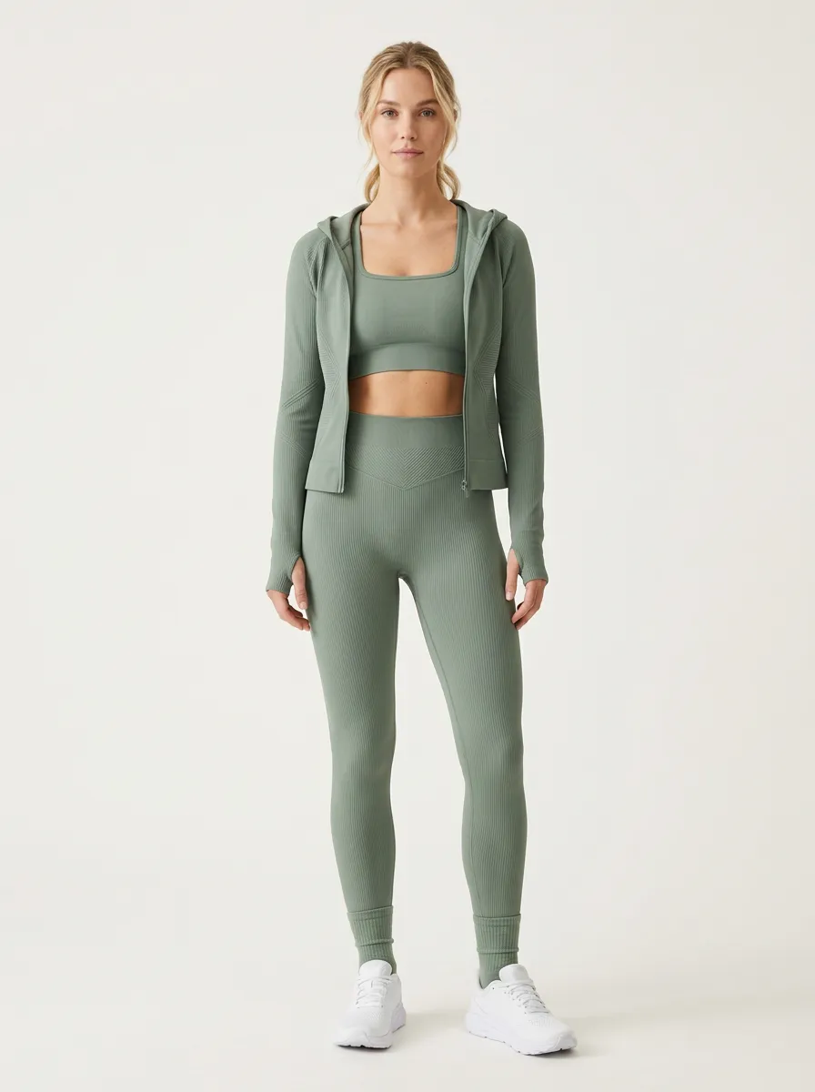 Utility Ribbed Texture Seamless Design Essential Women's Three Piece Activewear Set