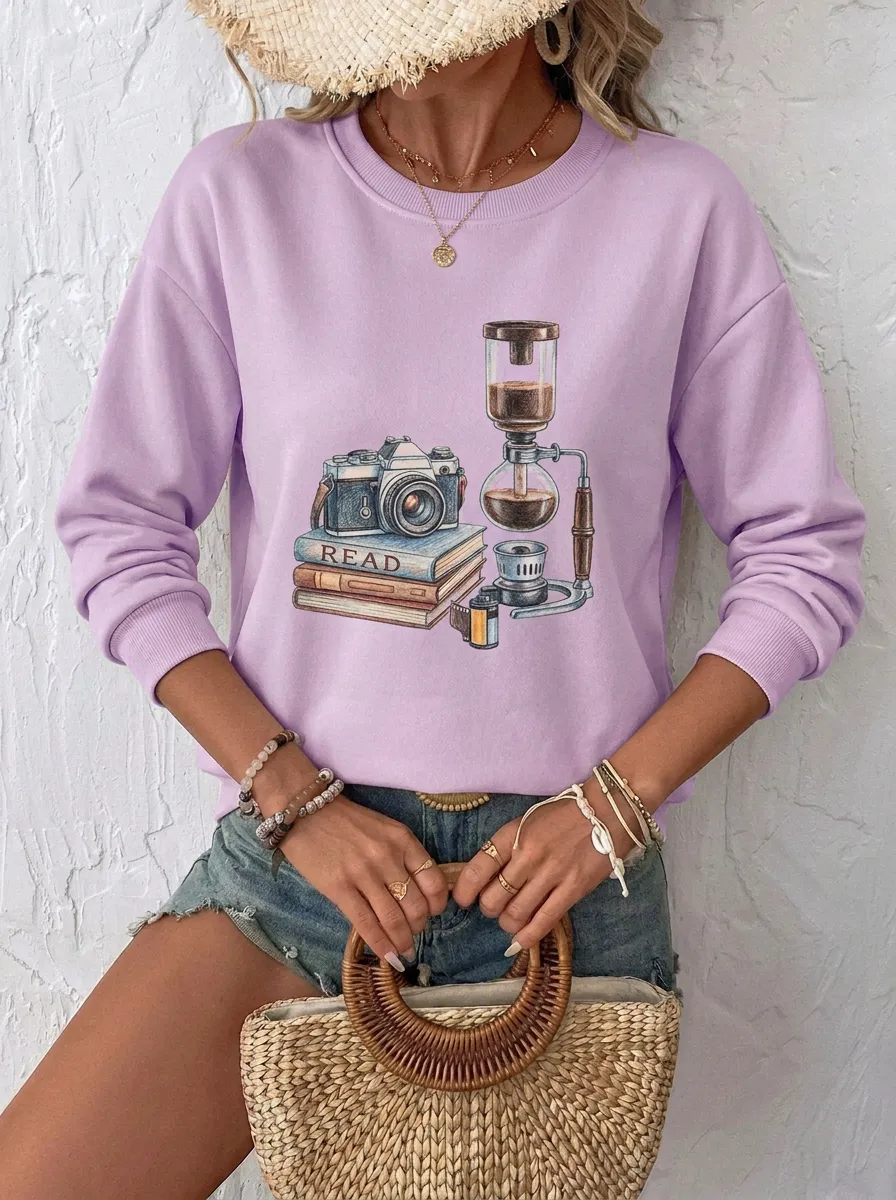 Women's Hobby Lover Camera Books Coffee Graphic Sweatshirt