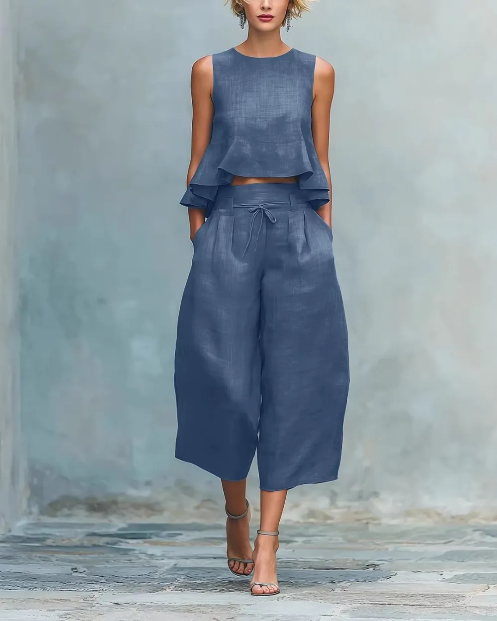 Linen Two-Piece Set Ruffle Detail Lightweight Breathable Romantic Summer Outfit