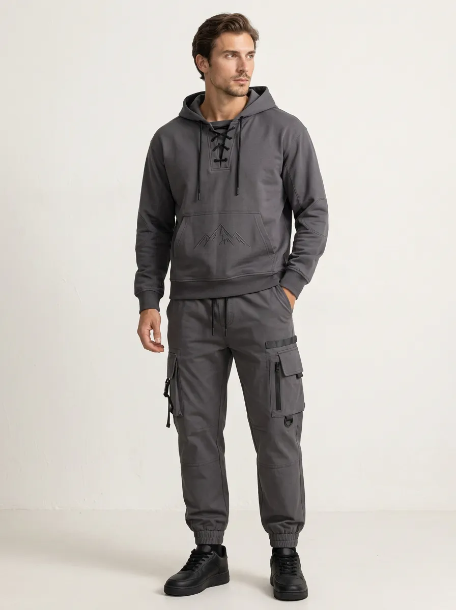 Urban Lace-Up Mountain Graphic Fit Men's Lace Up Hoodie And Cargo Jogger Set