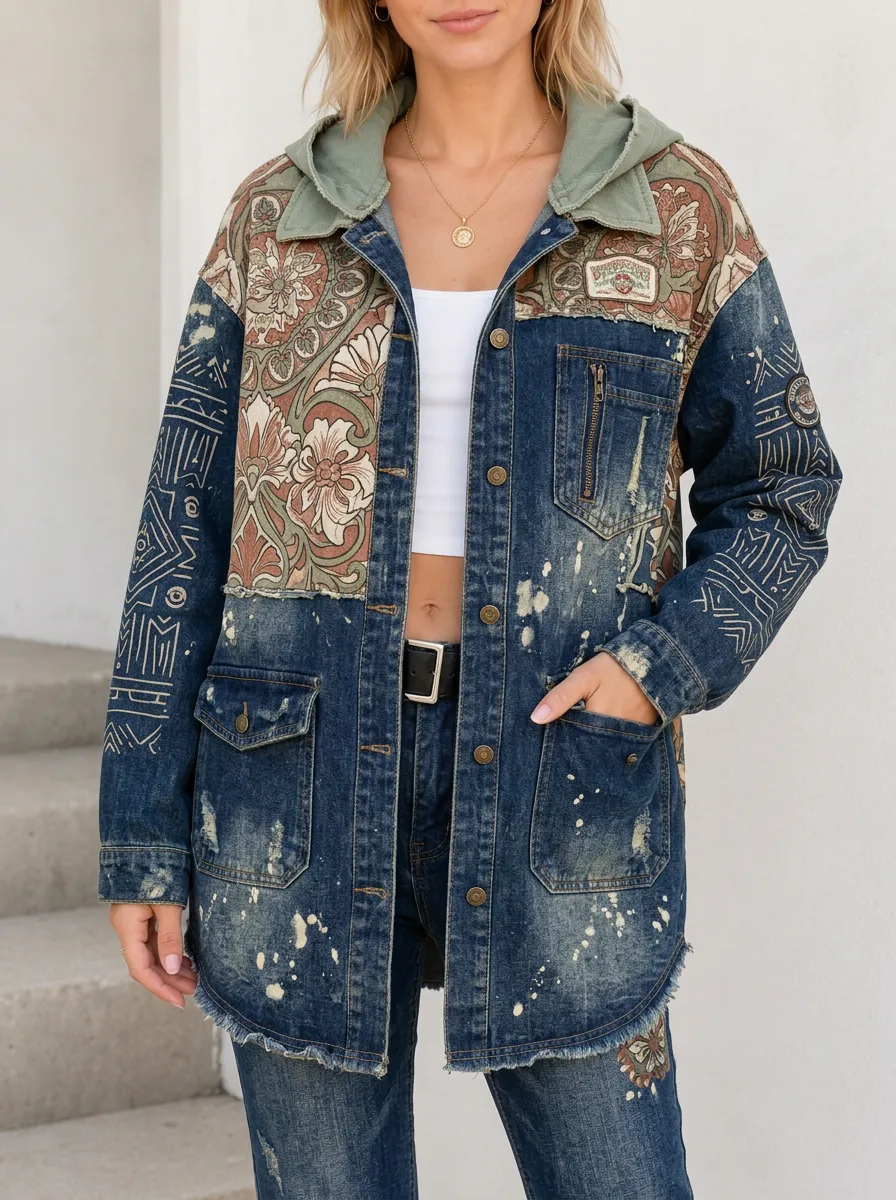 Women's Boho Floral Patchwork Distressed Printed Denim Jacket