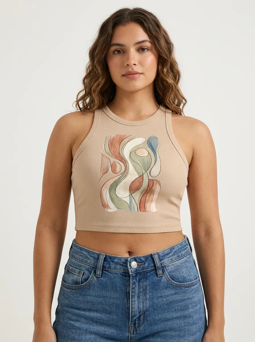Women's Abstract Art Aesthetic Printed Ribbed Crop Tank Top