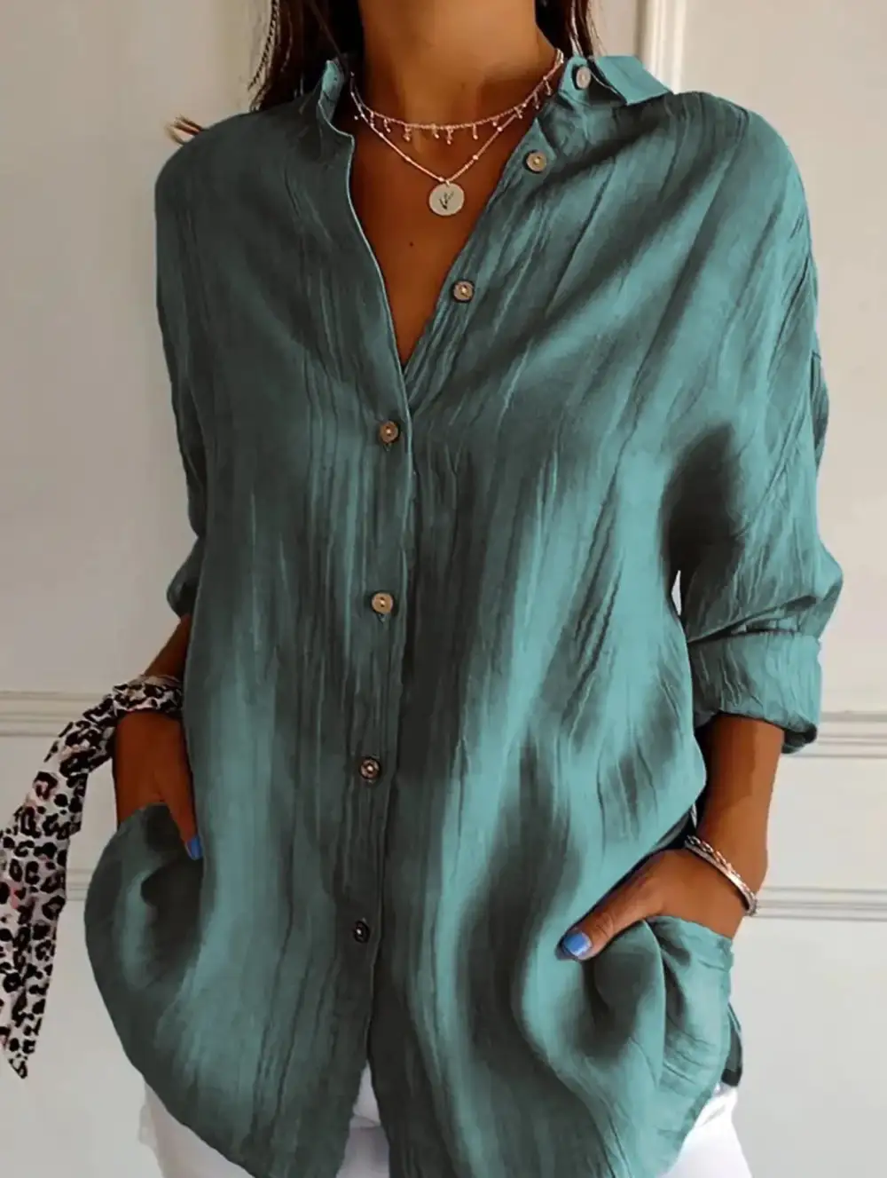 Button Detail Pleated Button-Up Shirt