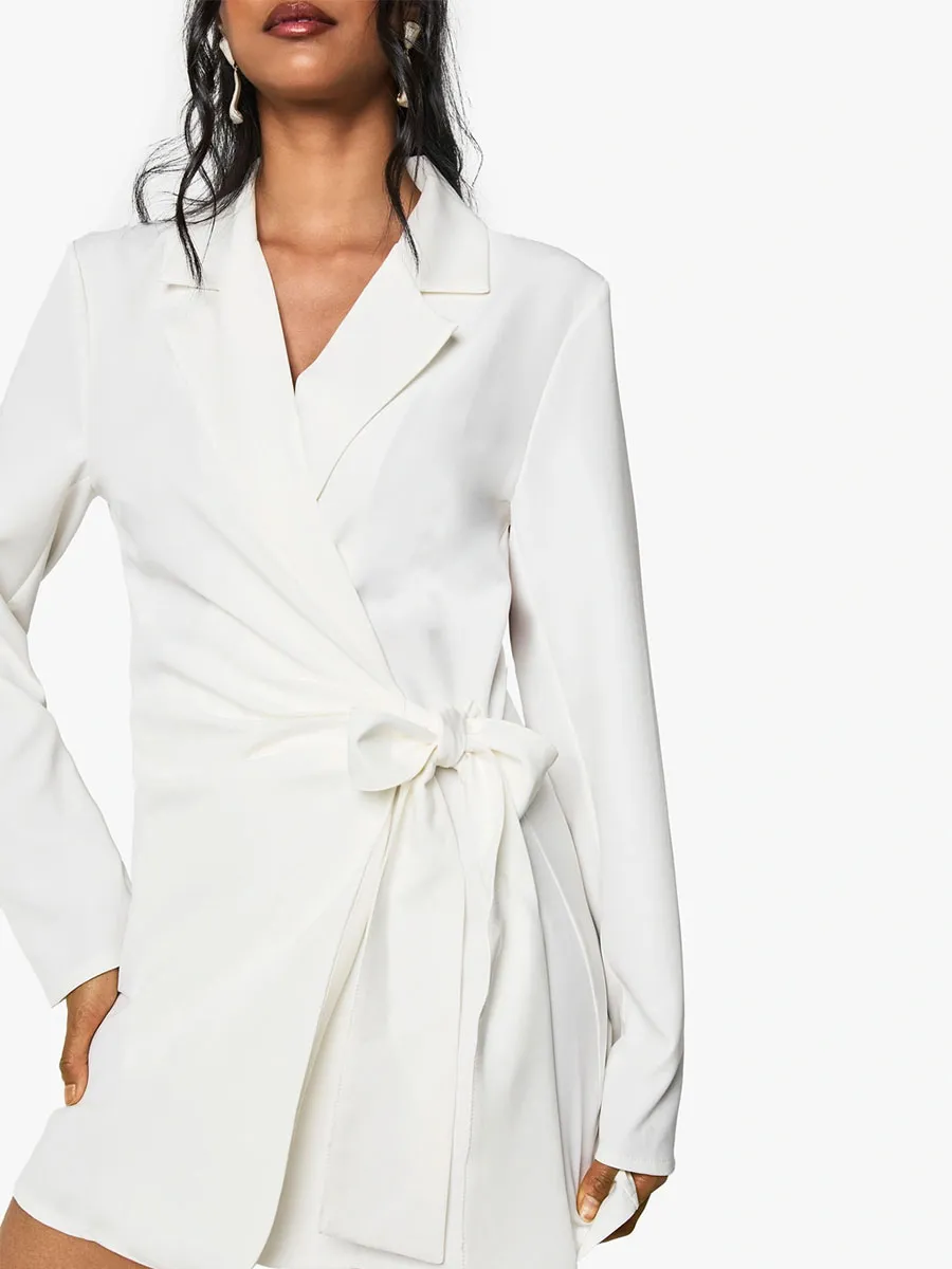 White Belted Wrap Style Blazer Dress