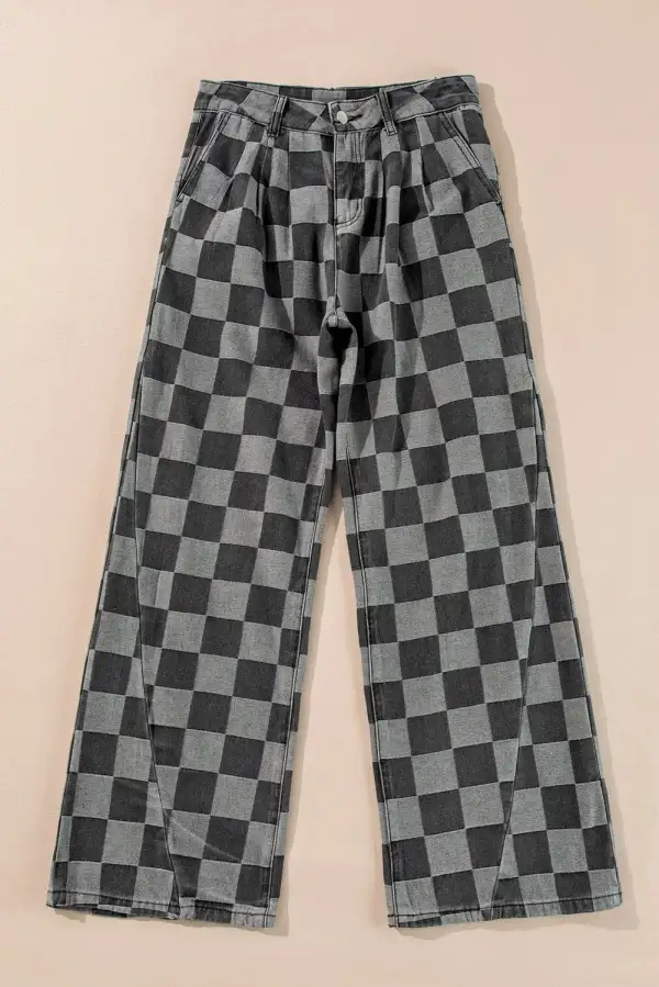 Checkered Wide Leg Pocket Denim Jeans