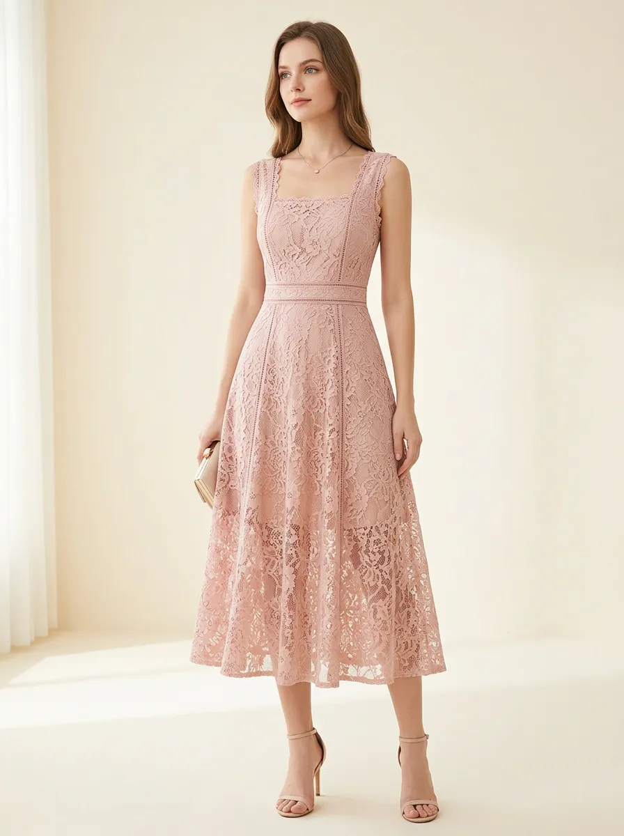Women's Elegant Wedding Guest Pink Floral Lace Sleeveless Midi Dress