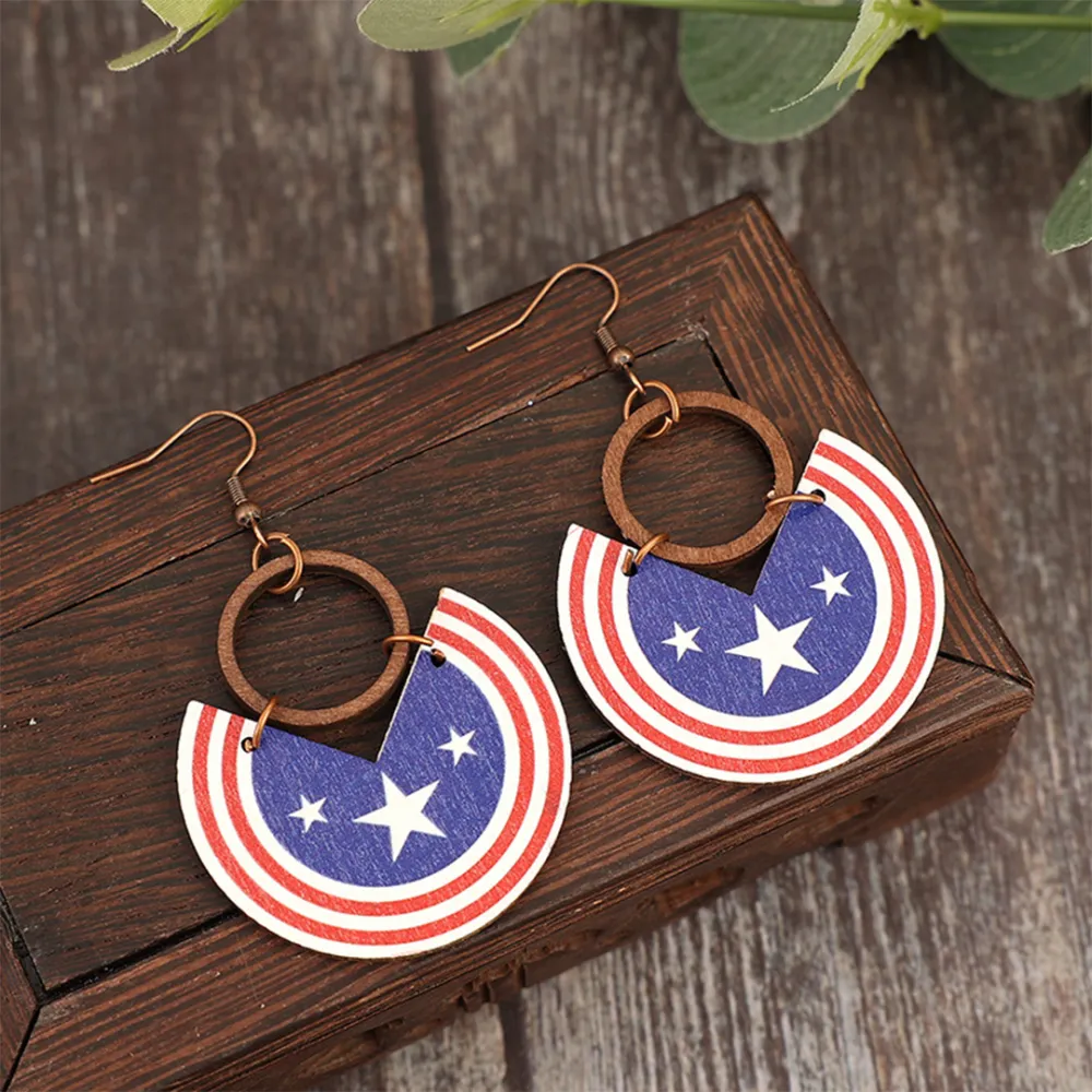 Red Blue Print Wooden Earrings