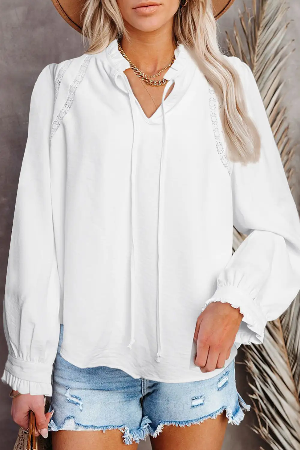 Lace Patchwork Ruffled Long Sleeve Blouse