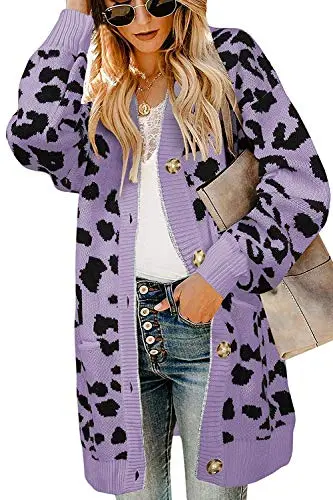 Women's Long Sleeves Open Front Leopard Print Knitted Sweater Cardigan Coat Outwear