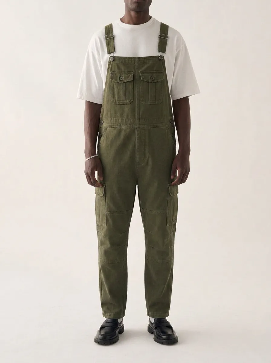 Men's Casual Olive Green Cargo Bib Overalls