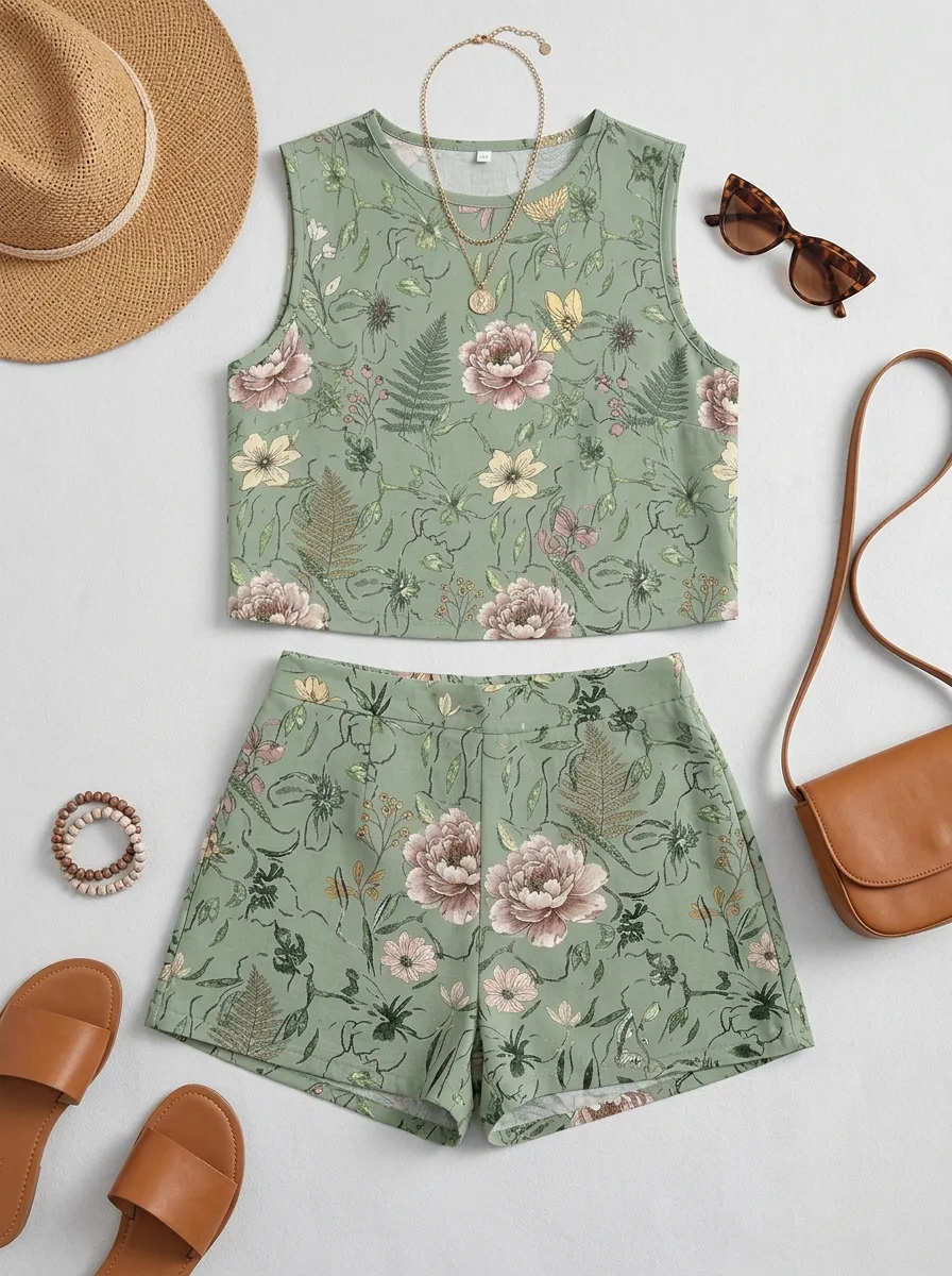 Women's Botanical Floral Sage Green Printed Sleeveless Shorts Set