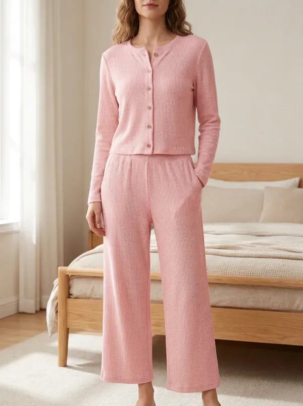 Women's Casual Lounge Beige Ribbed Button-Down Pajama Set