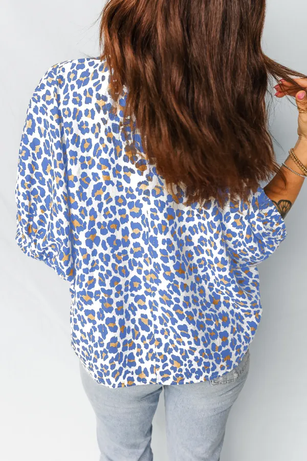 Sky Blue Leopard Block Contrast Blouse