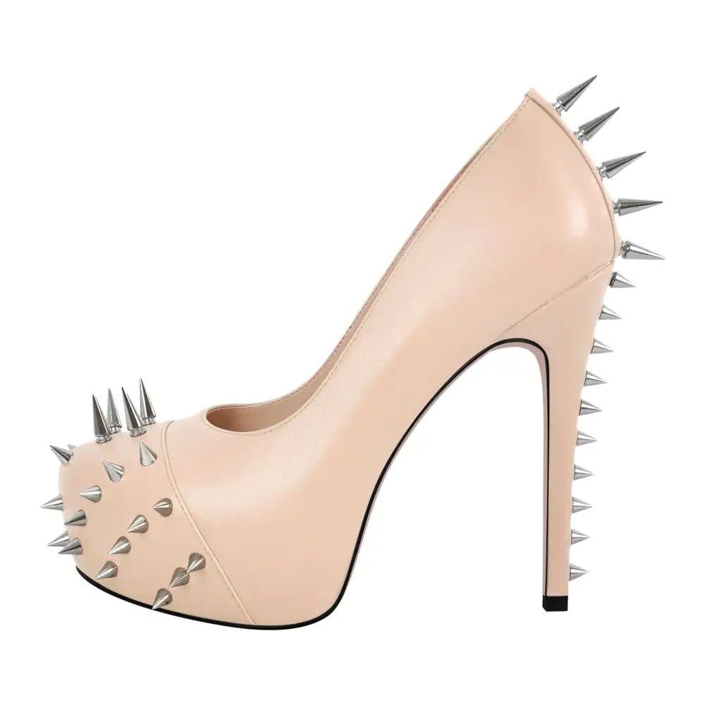 Rivet Round Toe Platform Stiletto Buckle Strap Pumps