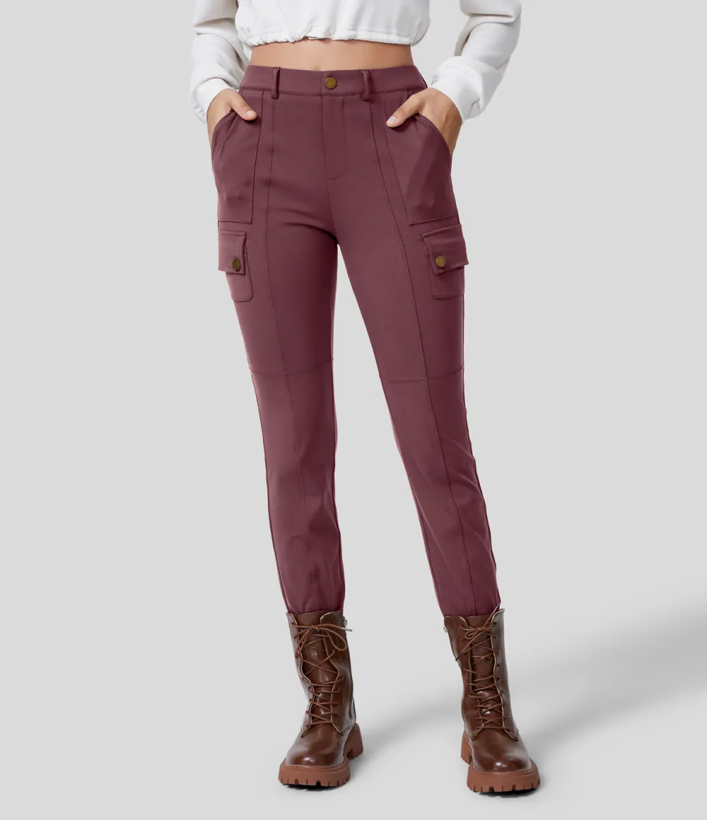 High Waisted Button Zipper Multiple Pockets Solid Skinny Cargo Pants