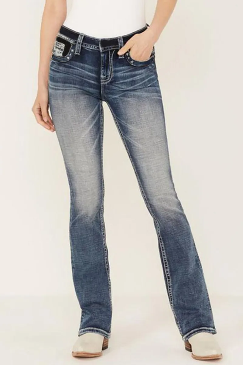 Mid Waist Wash Flare Leg Jeans