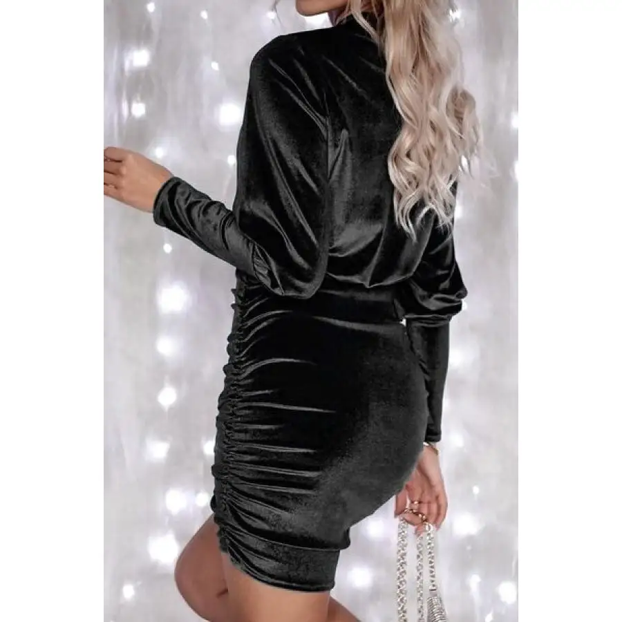 Ruched Round Neck Lantern Sleeve Mini Dress