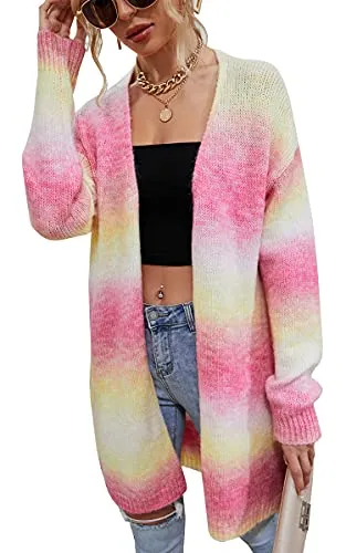Womens Cardigan Color Block Striped Draped Kimono Cardigans Long Sleeve Open Front Casual Knit Sweaters Coat Outwear