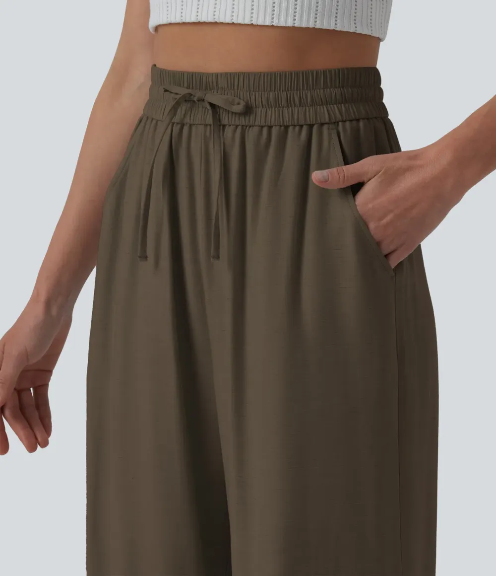 2026🔥High Waisted Drawstring Wide Leg Casual Linen-Blend Trousers with Pockets