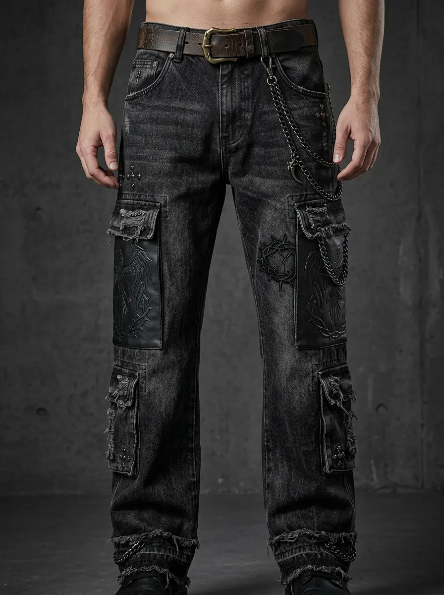 Shadow Wing Cross Embossed Finish Men's Gothic Cargo Pants