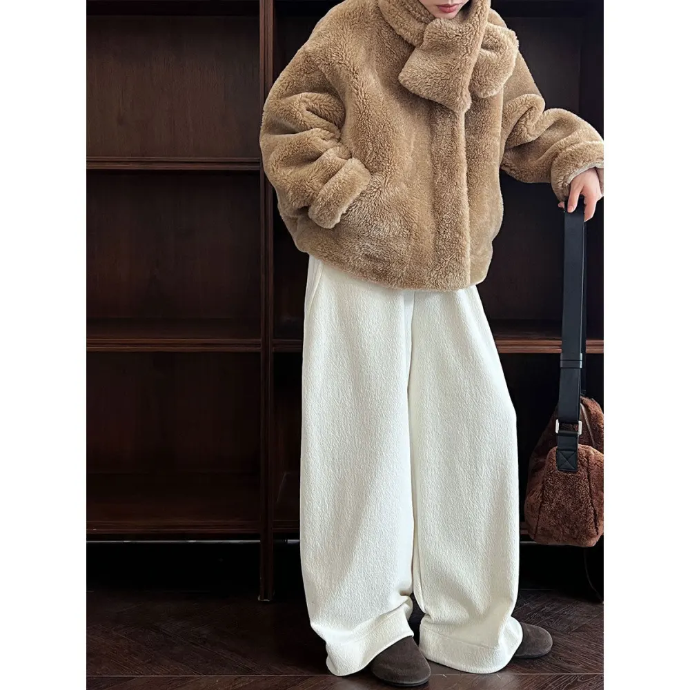 Casual Wool Fleece High Waist Straight Leg Pants