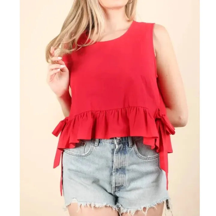 Side Tie Detail Ruffled Sleeveless Top