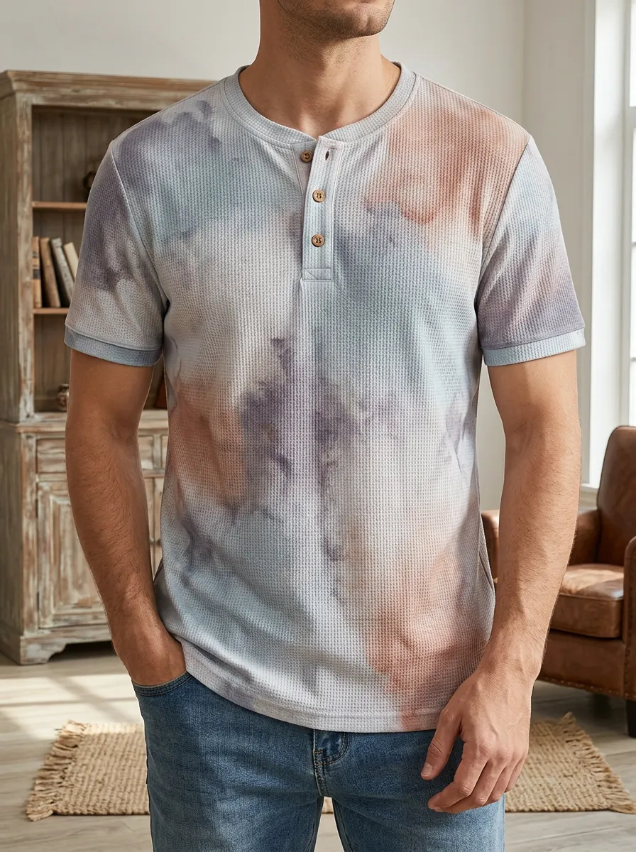Men's Casual Casual Tie-Dye Waffle Knit Henley T-Shirt
