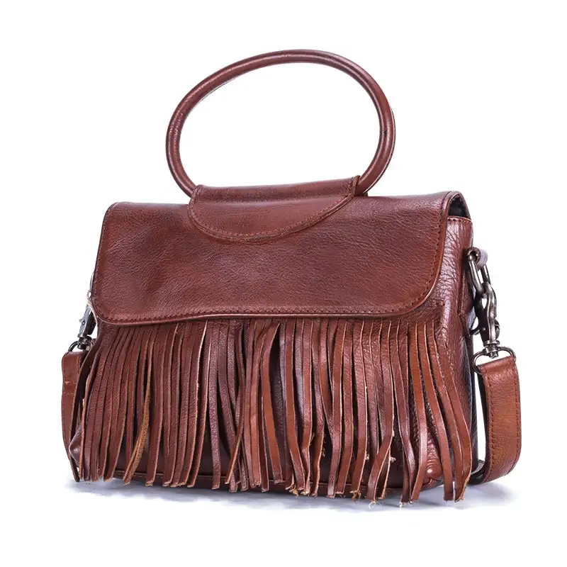 Vintage Leather Messenger Bag Tassel Horizontal Square