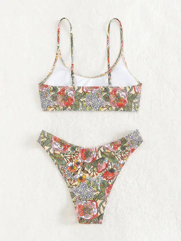 Retro Print Tube Top High Waist Swim Set