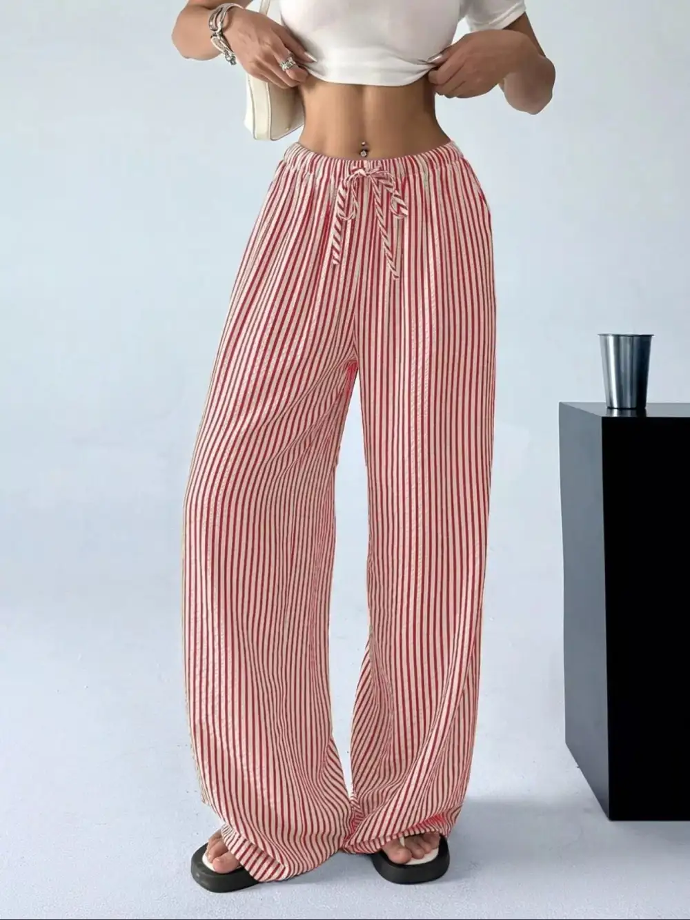 Wide Leg Drawstring Striped Pocketed Pants
