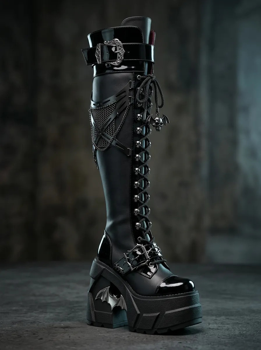 Heritage Skull Bat Chain Alternative Look Women's Gothic Platform Knee High Boots
