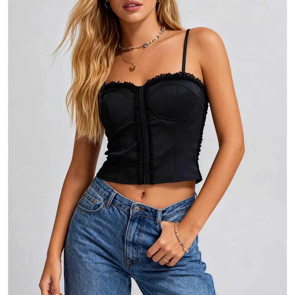 Ruffle Trim Corset Smocked Back Crop Cami Top
