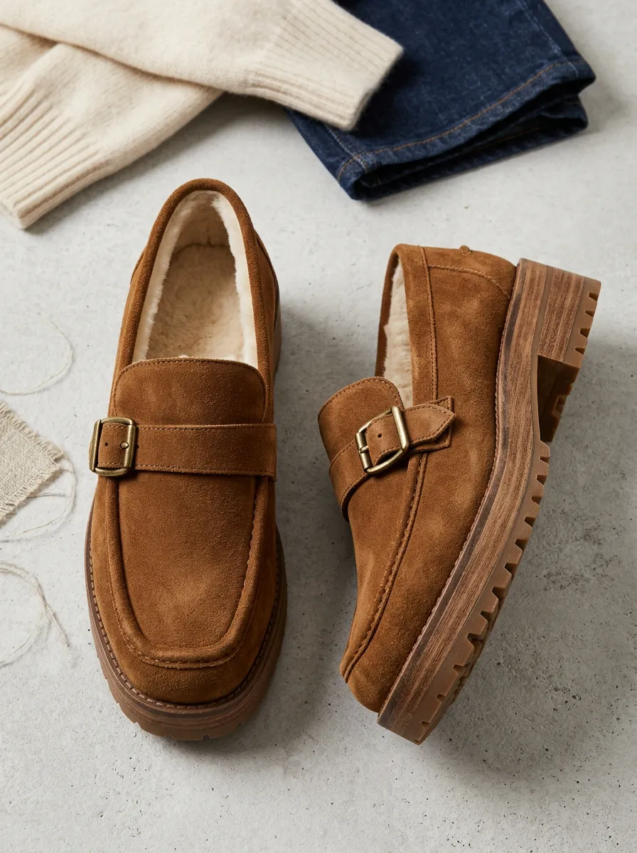 Women's Faux Fur Lined Buckle Detail Winter Suede Wood Sole Loafers
