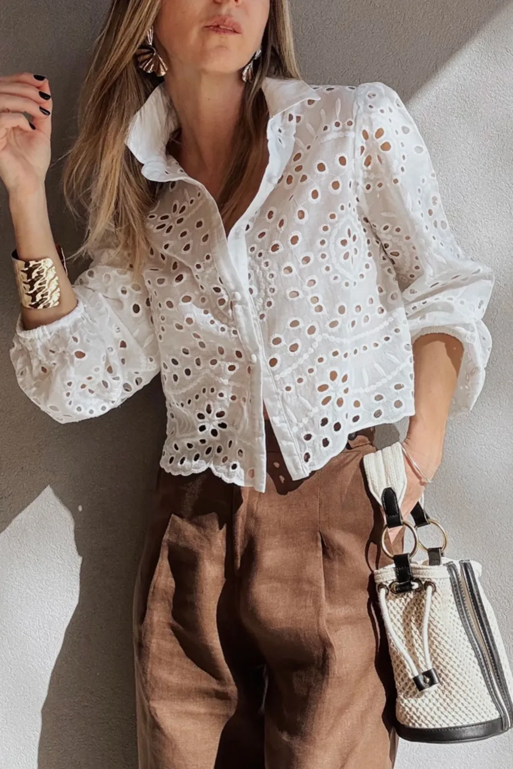 White Eyelet Embroidered Puff Sleeve Shirt
