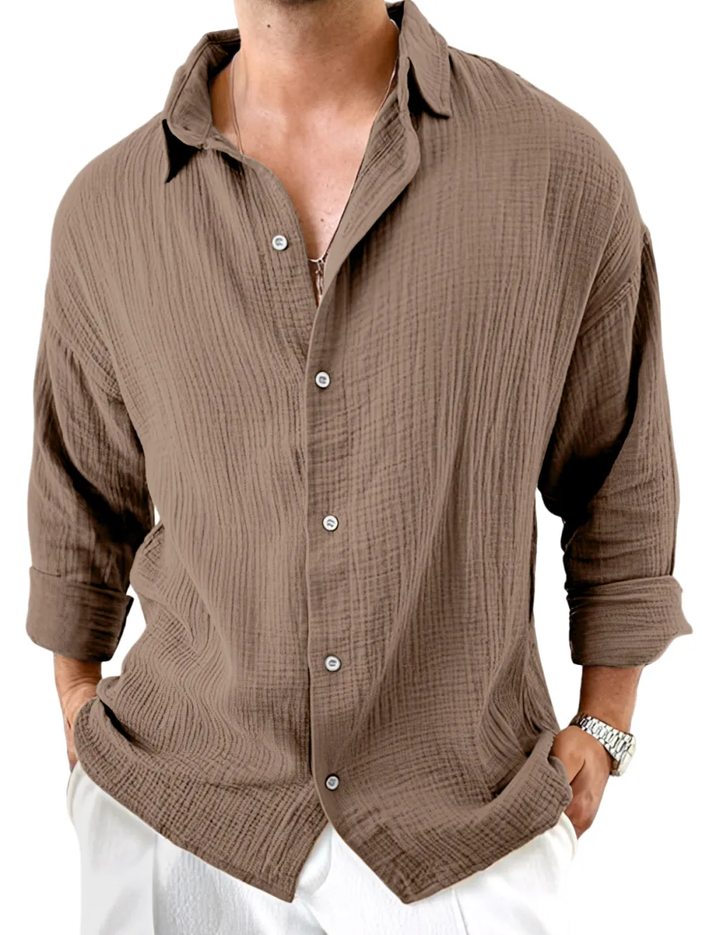 Roomy Long Sleeve Camp Collar Pleated Front Shirt