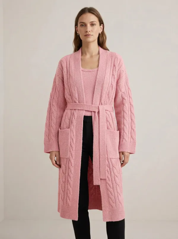 Women's Cable Knit Belted Knit Cardigan