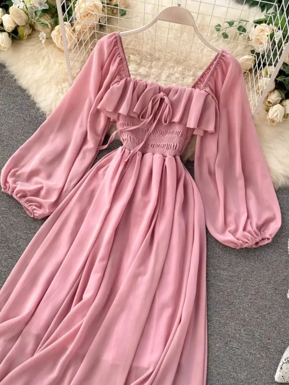 Square Neck Ruffle Dress Casual