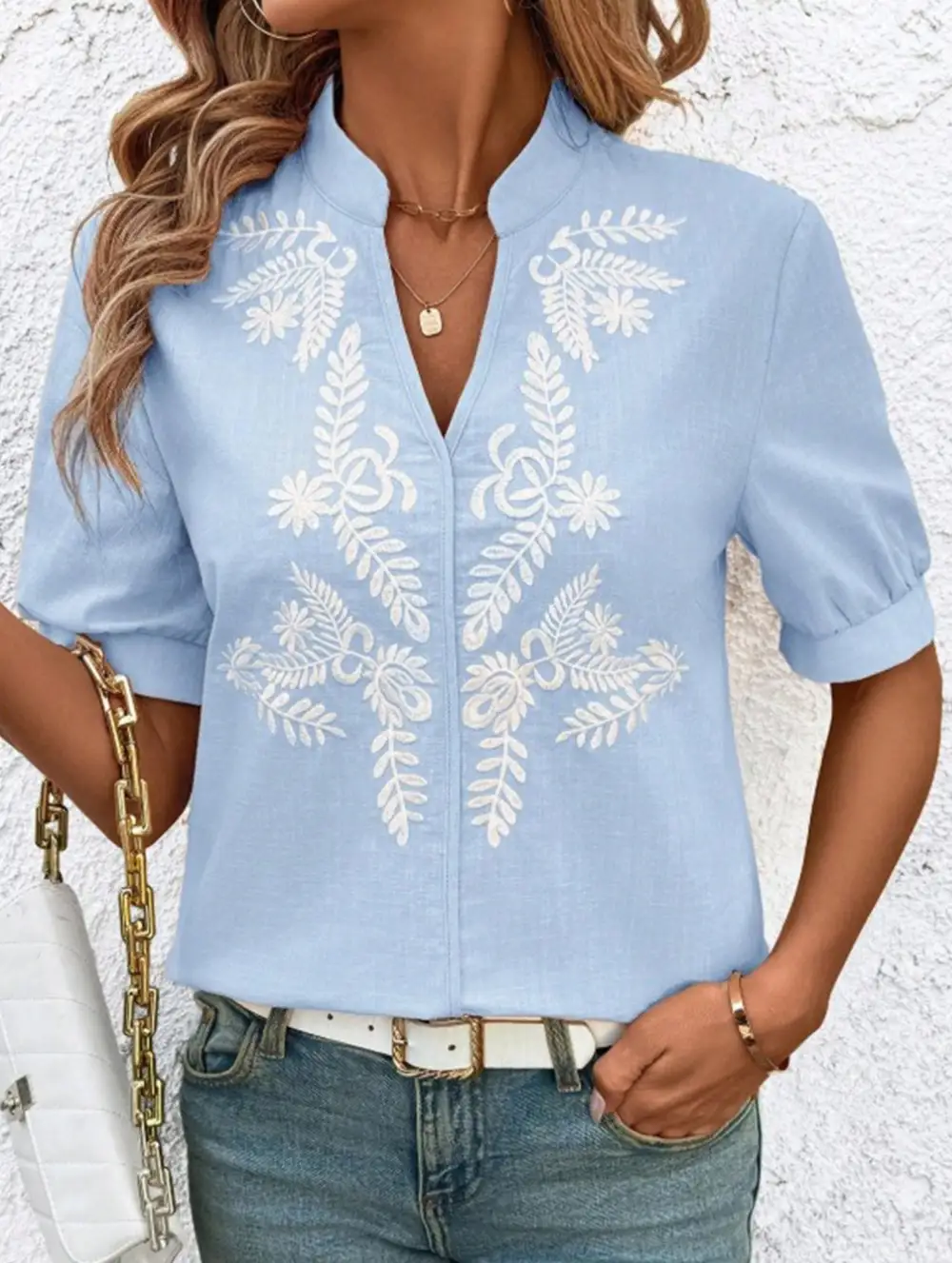 Everyday V Neck Embroidered Blouse