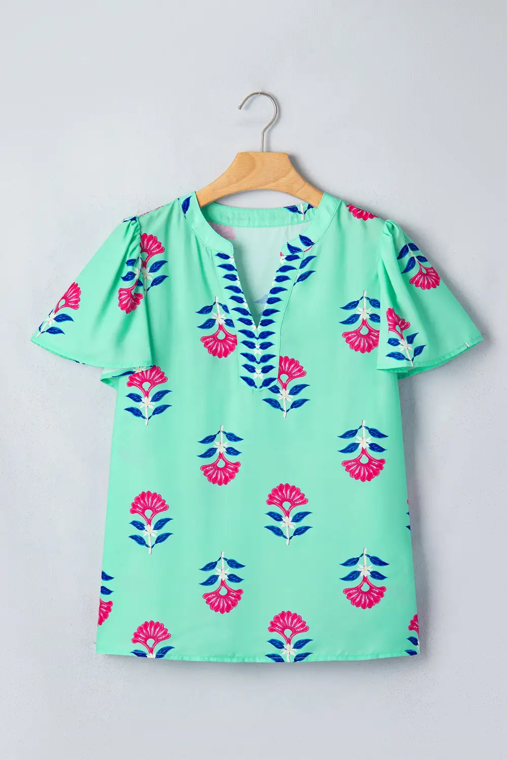 Green Floral V Neck Flutter Sleeve Blouse