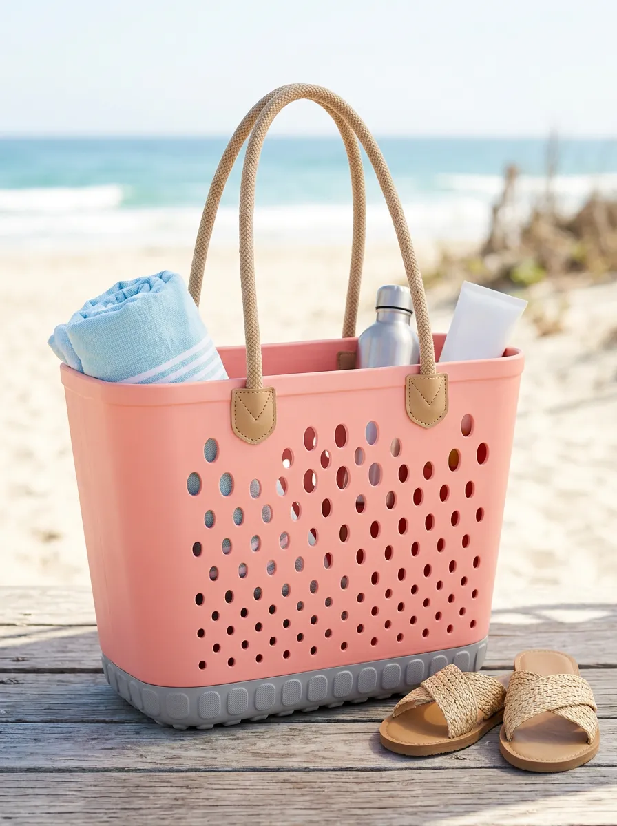 Perforated Rope-Handle Open-Top Reinforced Base Beach Tote Bag