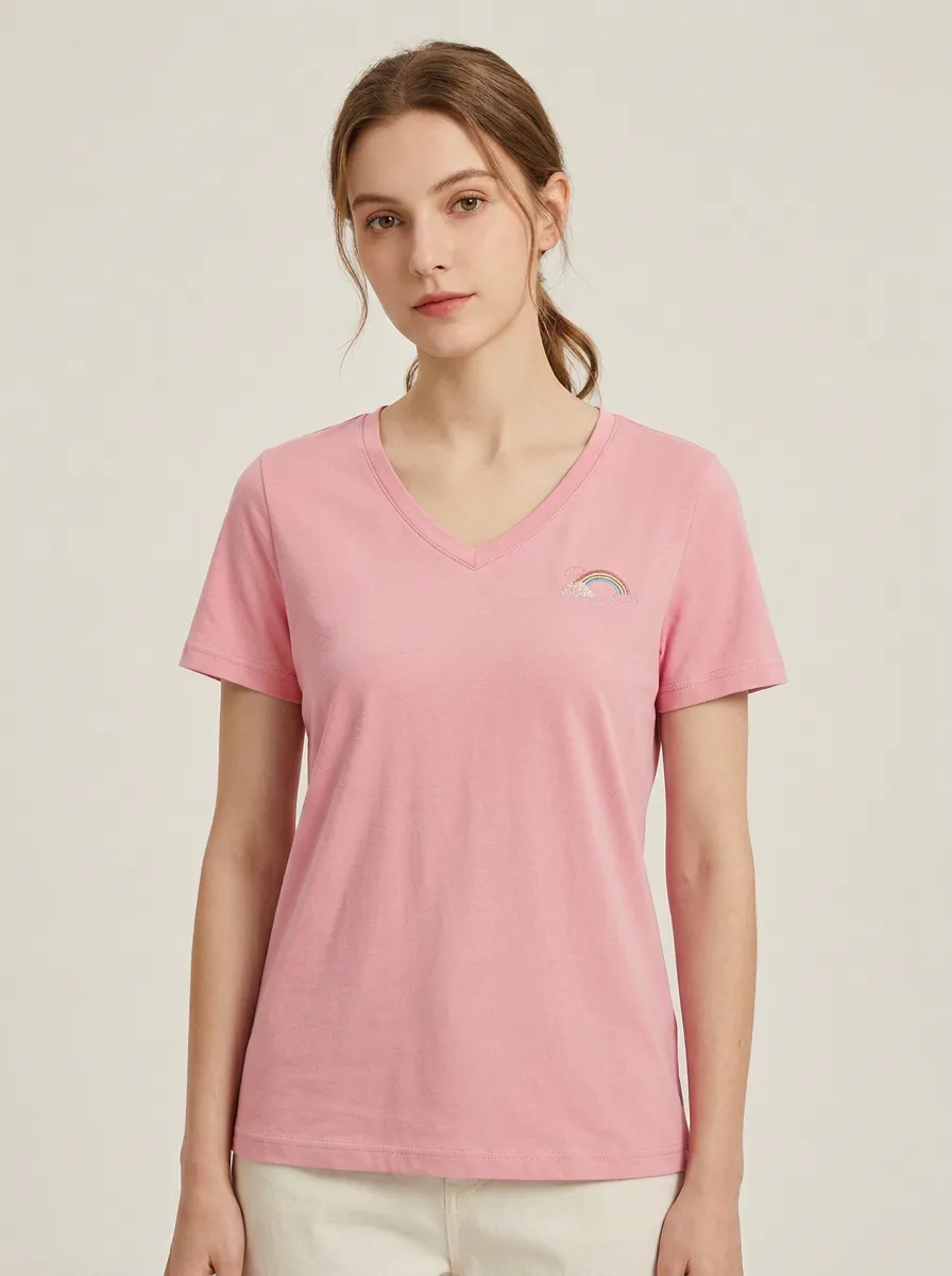 Women's Rainbow & Cloud Embroidered V-Neck T-Shirt